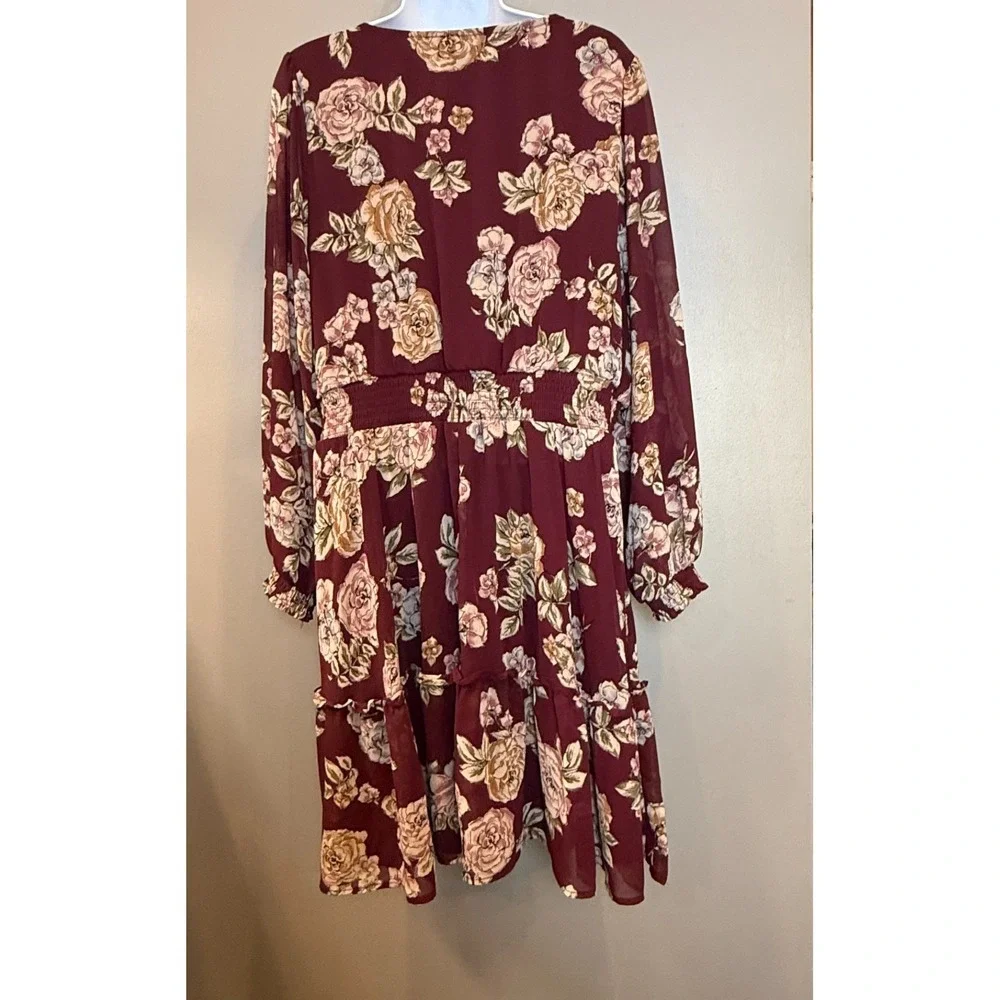 Maurices XXL Burgundy Floral Ruffle Faux Wrap Dress Long Sleeve Boho Midi - Picture 2 of 16